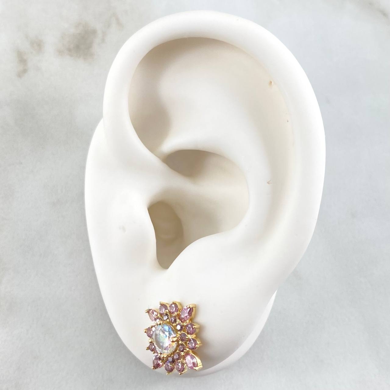 Starry Flower Set - Stud Earrings 1.2cm - Ring Size 6 1/4 4.7gr Lilac White Zirconia Special Mother of Pearl 18K Gold