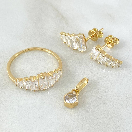 Ascending Line Set - Stud Earrings 1.2cm / 0.5in - Pendant 1.3cm / 0.5in - Ring Size 6 3/4 4.4gr White Zircons Nac.Esp. 18K Gold