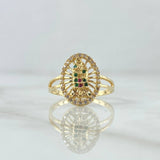 Virgin of Guadalupe Filigree Ring 2.4gr / Size 5 1/2 / White, Green, Fuchsia Zircons 18K Yellow Gold