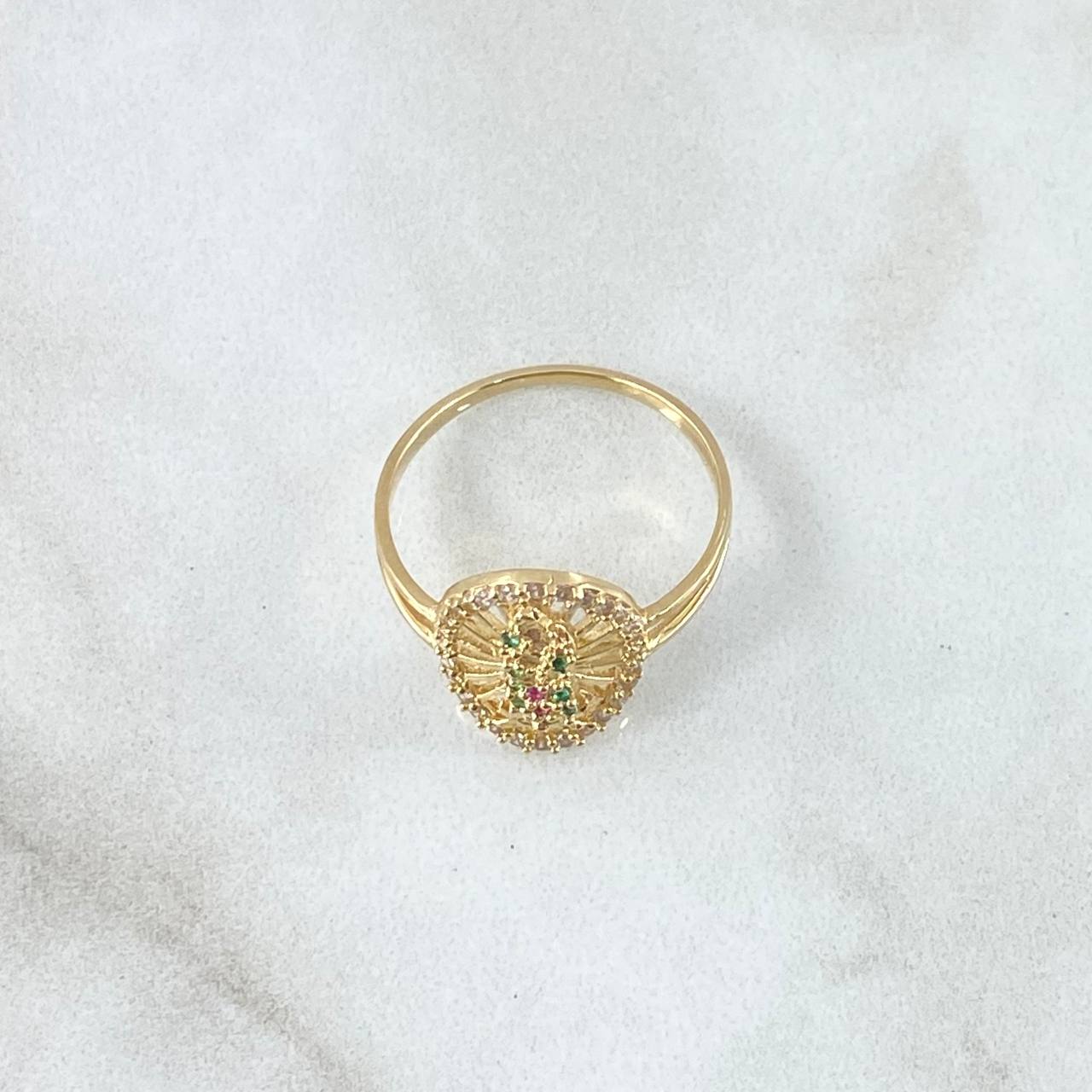 Virgin of Guadalupe Filigree Ring 2.4gr / Size 5 1/2 / White, Green, Fuchsia Zircons 18K Yellow Gold