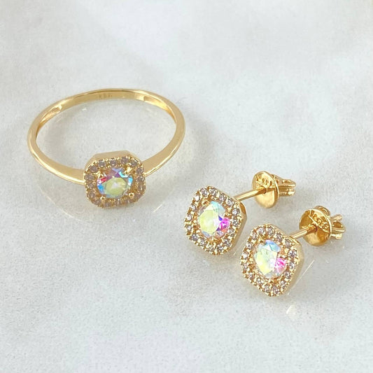 Square Halo Set - Stud Earrings 0.7cm - Ring Size 8 4.3gr Iridescent Zircons Special Mother-of-Pearl 18K Gold