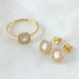 Square Halo Set - Stud Earrings 0.7cm - Ring Size 8 4.3gr Iridescent Zircons Special Mother-of-Pearl 18K Gold