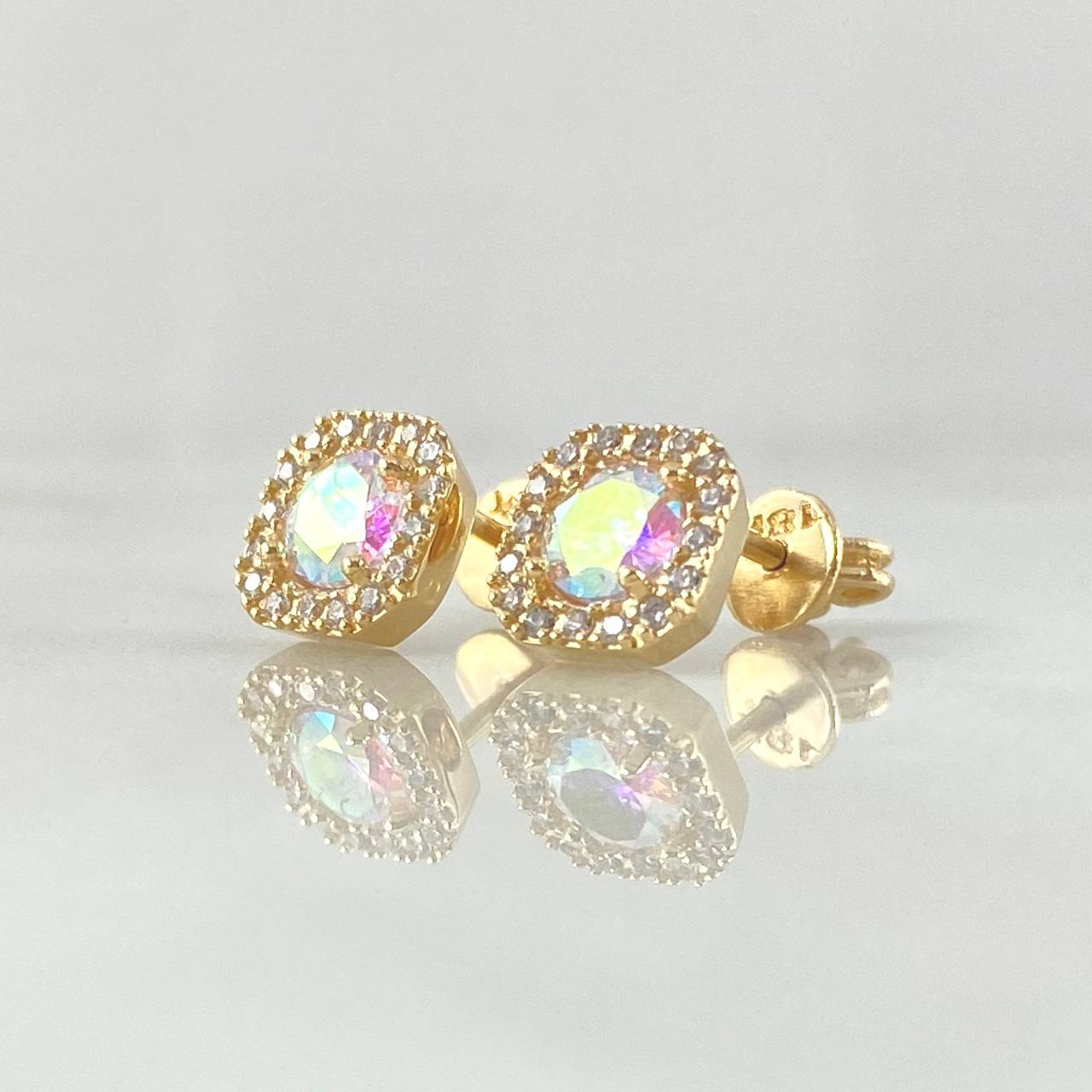 Square Halo Set - Stud Earrings 0.7cm - Ring Size 8 4.3gr Iridescent Zircons Special Mother-of-Pearl 18K Gold