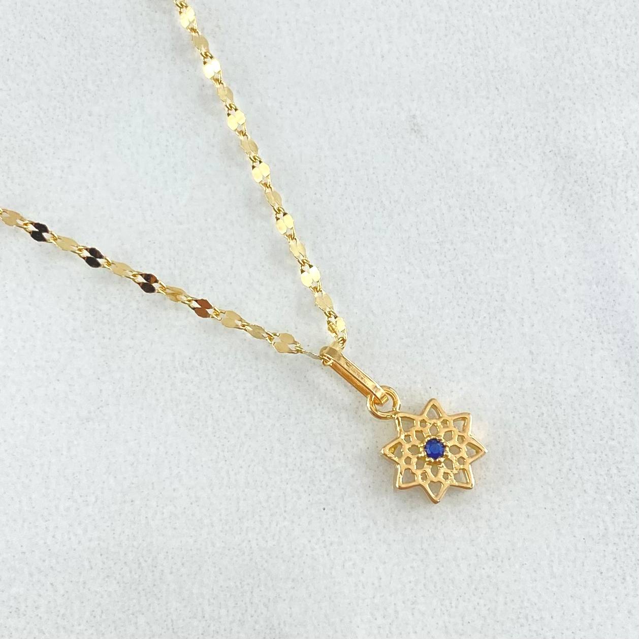 Set Chain Flower Mirror 0.95gr / 50cm + Pendant Mandala Flower 0.5gr / 1.45gr / Blue Zircon 18K Gold (Offer) -