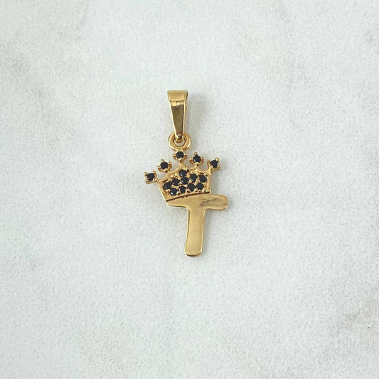 Pendant Letter T Crown 0.85gr / 2.3cm / Black Zircons 18K Yellow Gold
