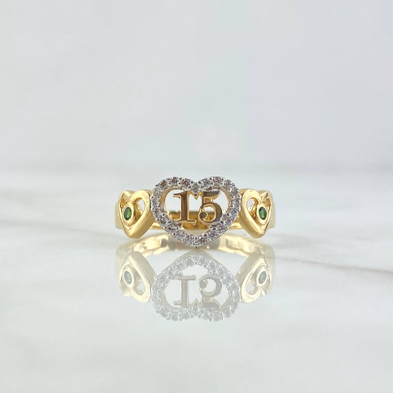 Triple Heart Ring Quinces 2.8gr / Size 6 1/4 / White Zircons - 18K Yellow Gold Green ©