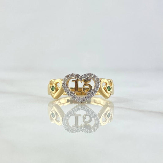Triple Heart Ring Quinces 2.8gr / Size 6 1/4 / White Zircons - 18K Yellow Gold Green ©