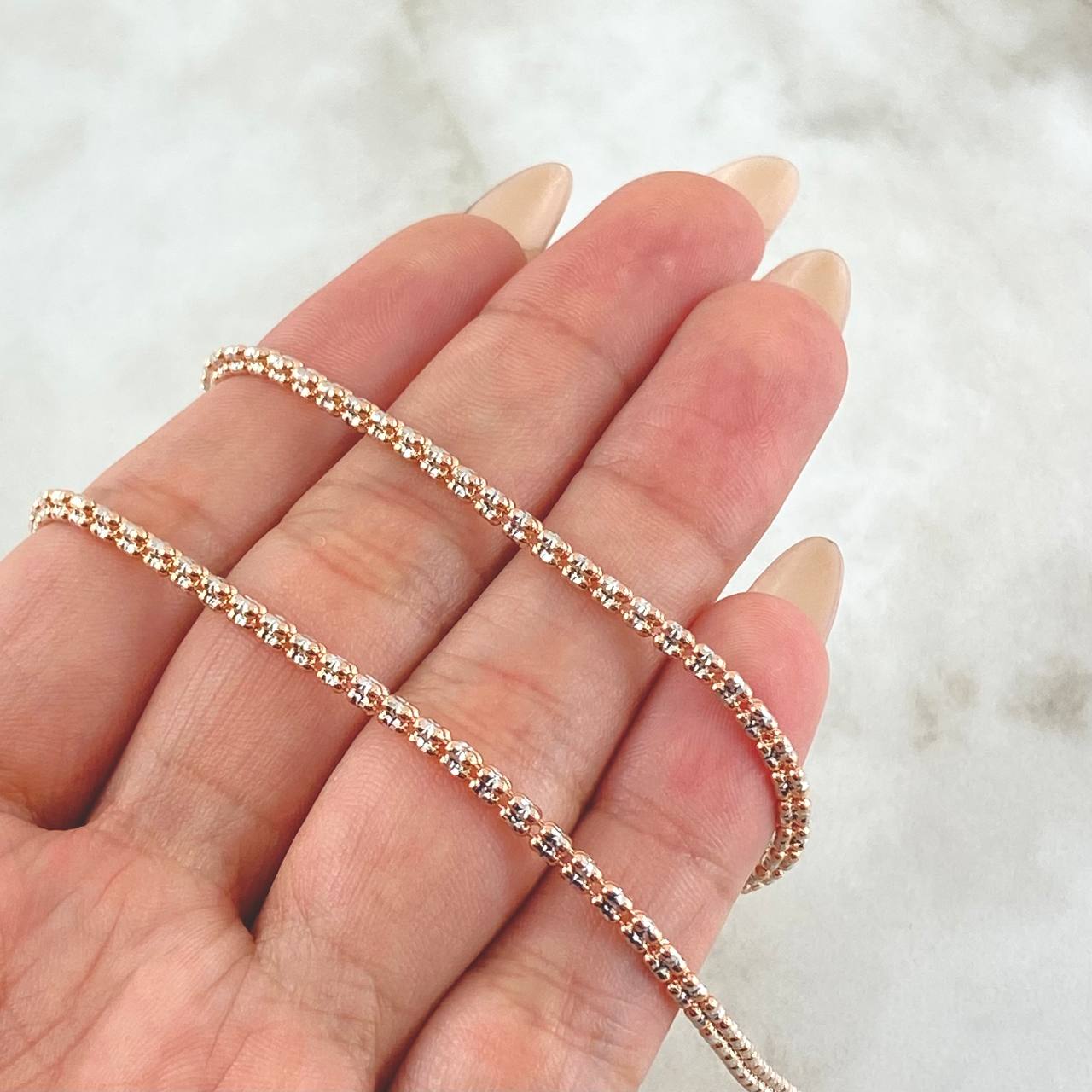 Cadena Ice 12.8gr / 23 1/2 in / Dos Oros Blanco Rosa 14K Italy