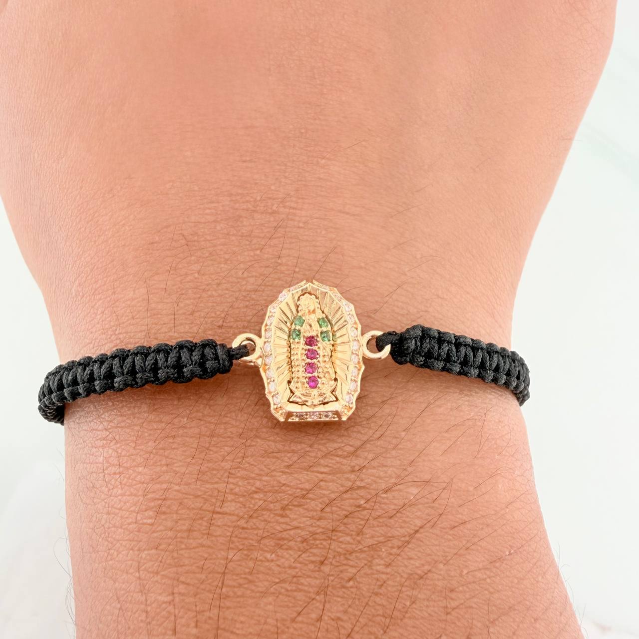 Black Woven Bracelet Virgin of Guadalupe 1.1gr / 18K Yellow Gold &