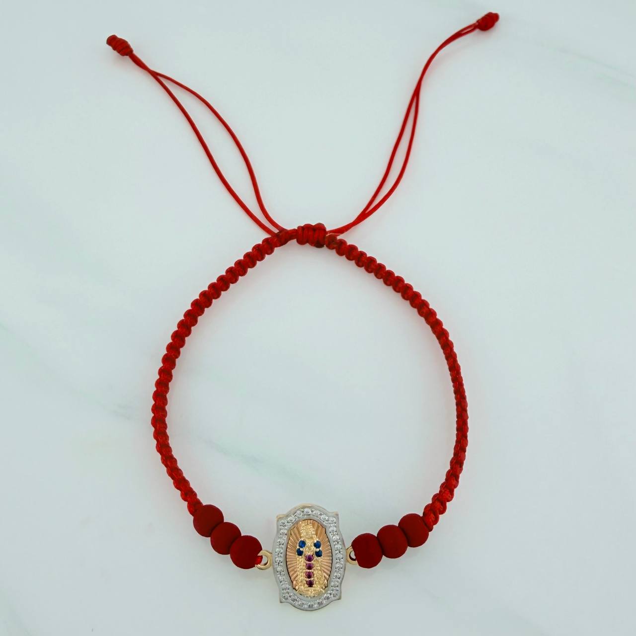 Red Woven Bracelet Virgin of Guadalupe 2.1gr / Three 18K Golds &