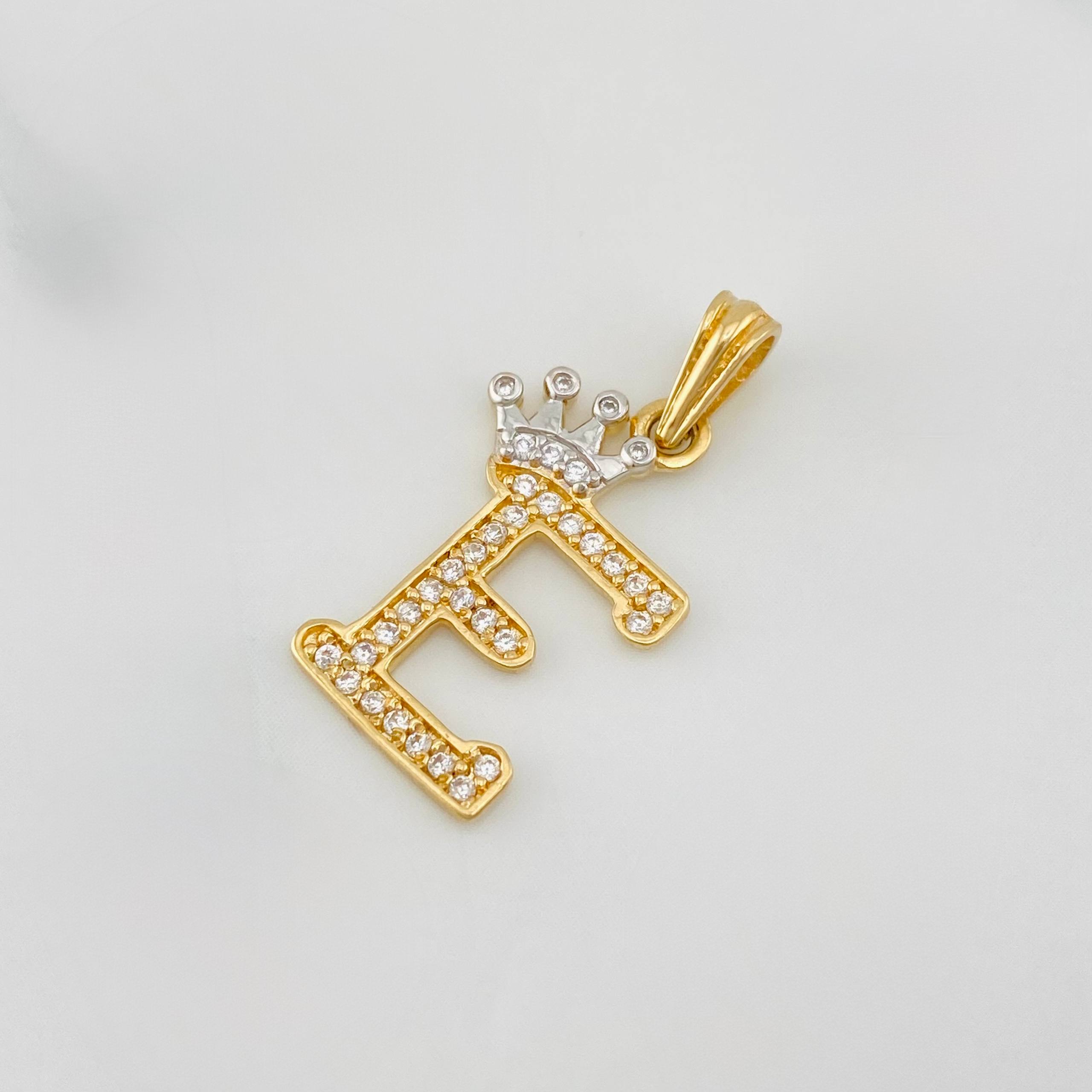 Pendant Crown Letter E 1.25 g / 1 in Two Yellow White Gold 18K