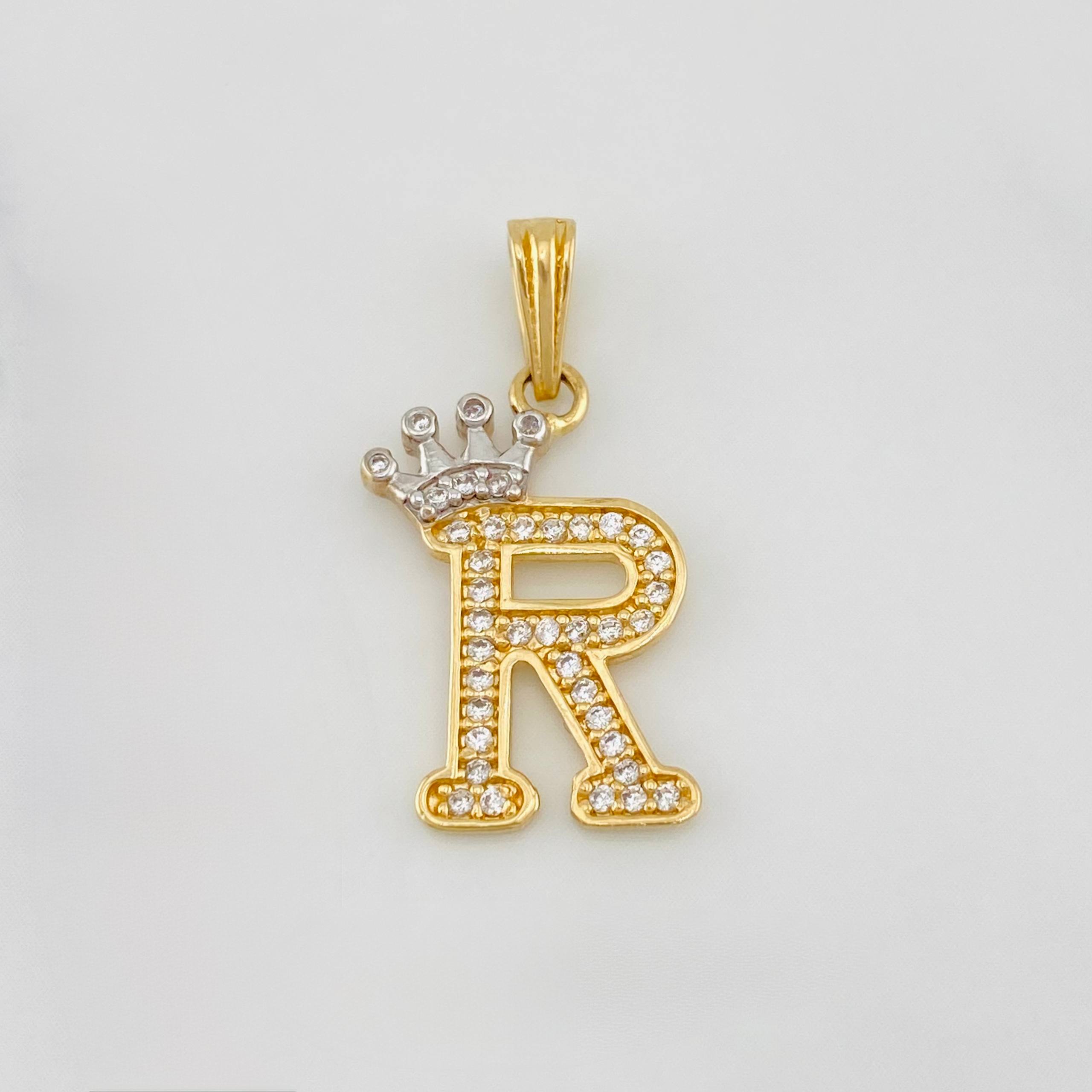Pendant Crown Letter R 1.55 g / 1 in Two Yellow White Gold 18K