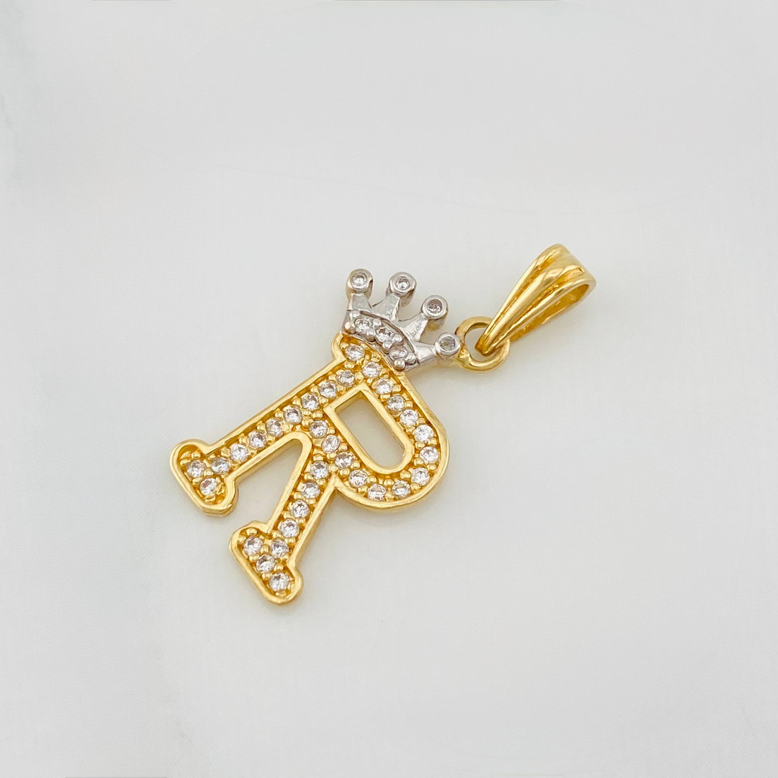Pendant Crown Letter R 1.55 g / 1 in Two Yellow White Gold 18K