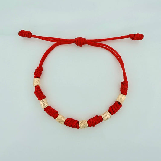 Pulsera Tejida Roja 7 Nudos 6 Cilindros Diamantadas Oro Amarillo 18K