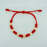 Pulsera Tejida Roja 7 Nudos 6 Cilindros Diamantadas Oro Amarillo 18K