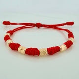Pulsera Tejida Roja 7 Nudos 6 Cilindros Diamantadas Oro Amarillo 18K