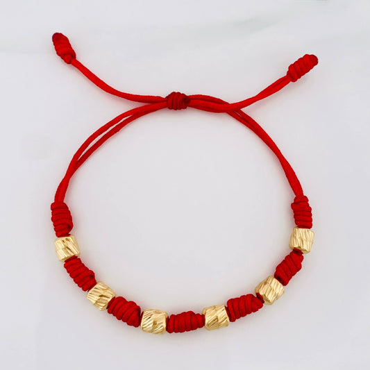 Pulsera Tejida Roja 7 Nudos 6 Cilindros Diamantados Oro Amarillo 18K