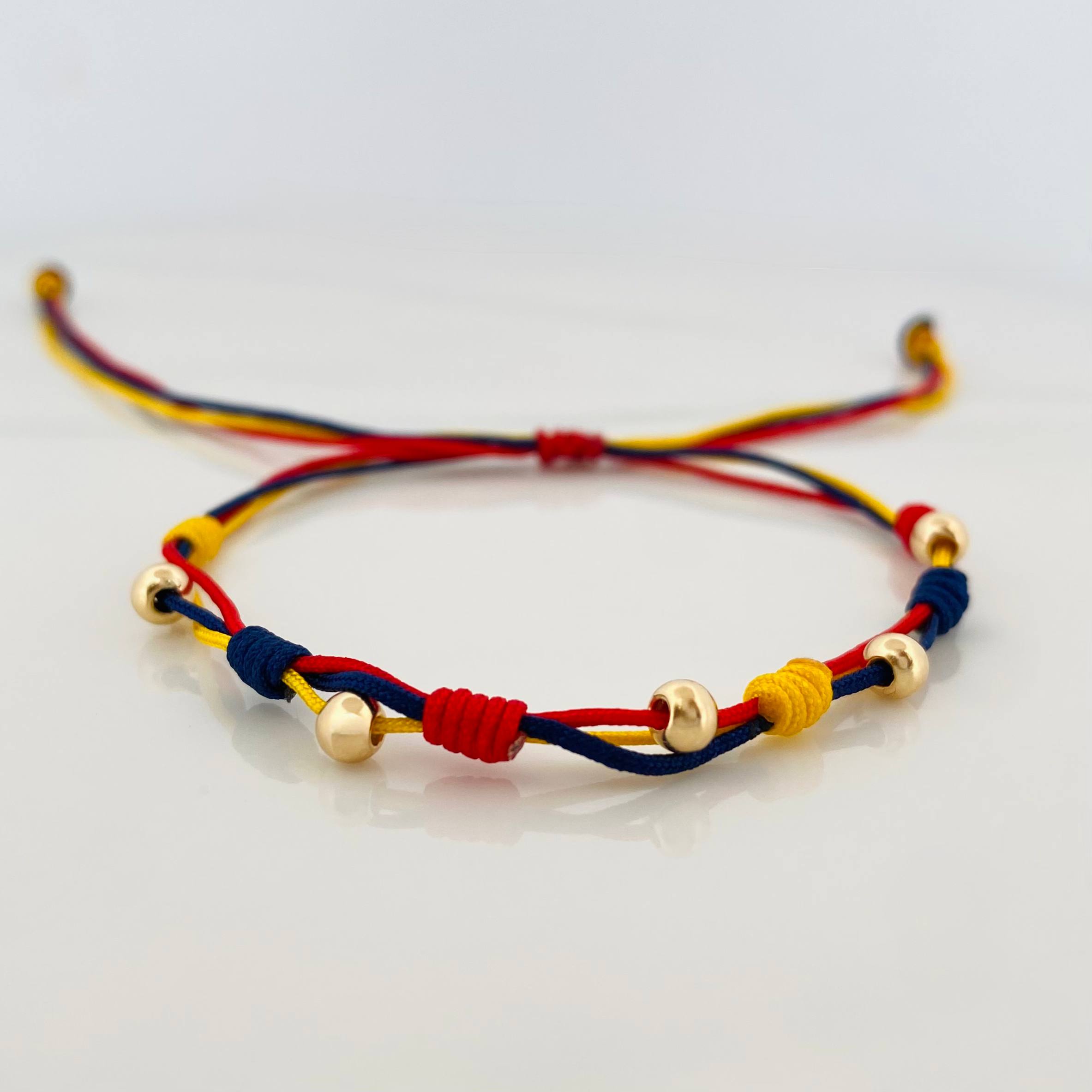 Tricolor Woven Bracelet 5 Plain Beads Yellow Gold 18K