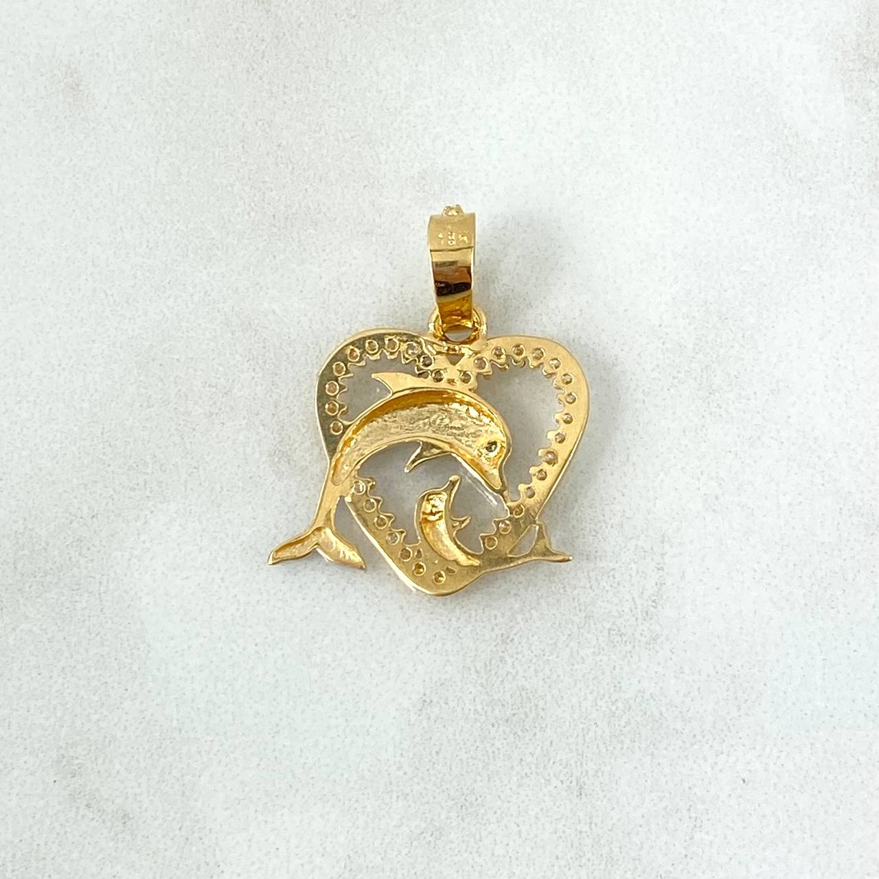Pendant Heart Dolphin 2.3gr / 2.4cm / White Zircons Two Yellow White Gold ©