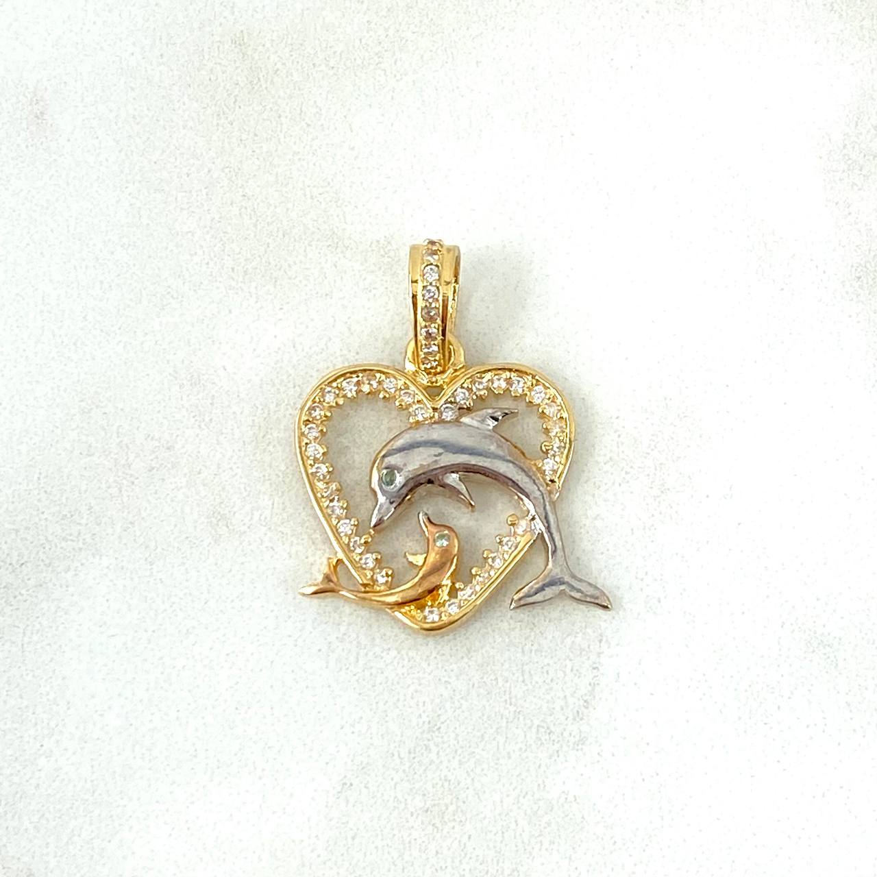 Pendant Heart Dolphin 2.3gr / 2.4cm / White Zircons Two Yellow White Gold ©