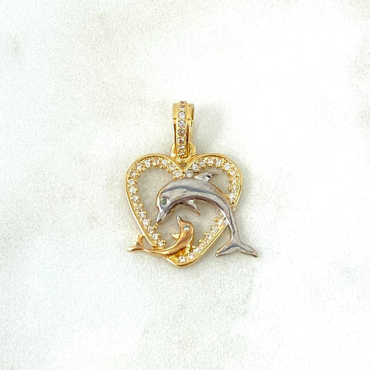 Pendant Heart Dolphin 2.3gr / 2.4cm / White Zircons Two Yellow White Gold ©