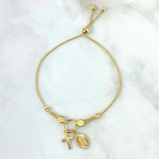 Franco Bracelet Virgin Miraculous - Cross 5gr / 20cm / 3mm Bead Polished Adjustable Yellow Gold +4 ©