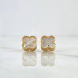 Stud Earrings Treból VCyA 2.6gr / 8mm White Pearl - Matte Yellow Gold Dotted Edge Special Pearl 18K