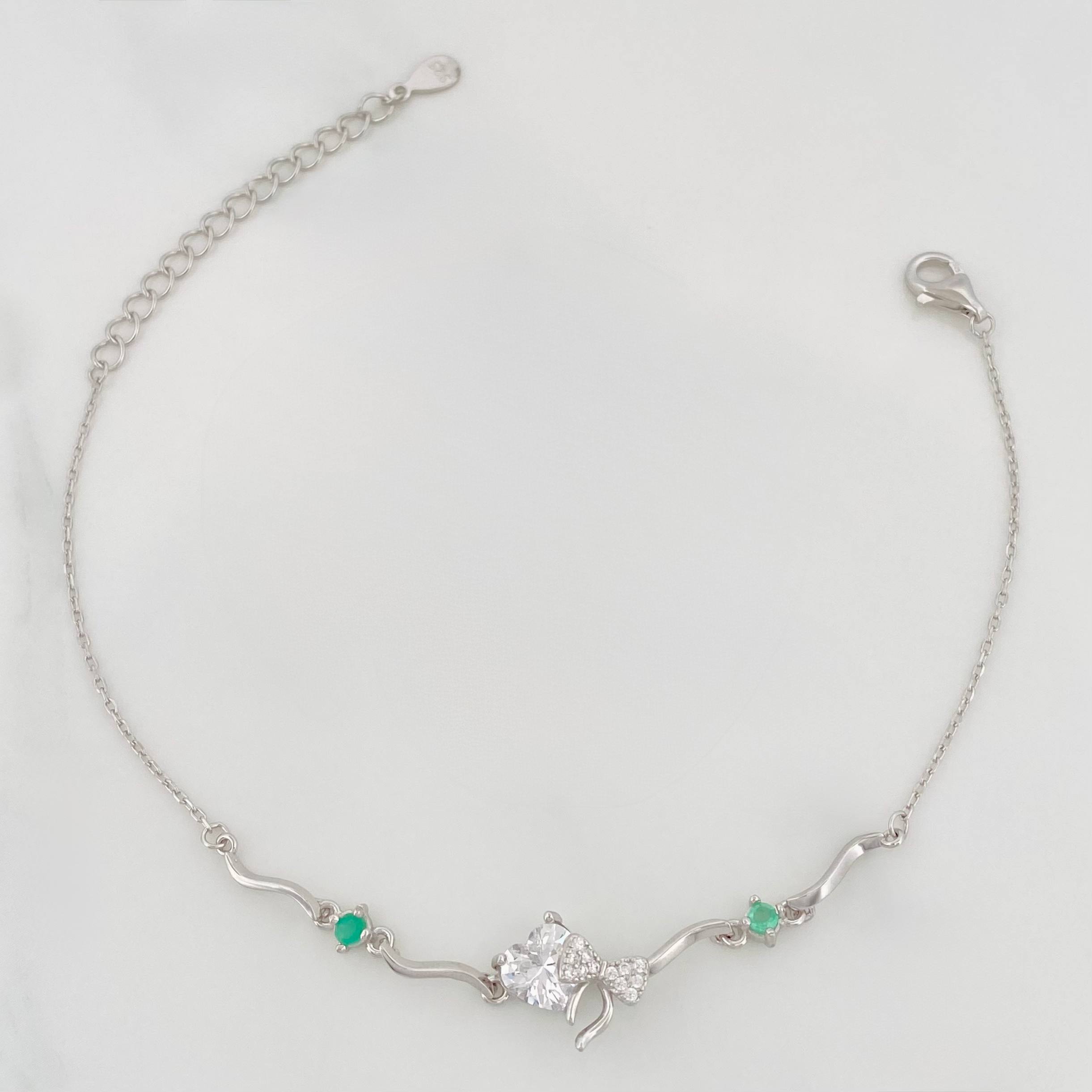 Pulso Corazón Moño Esmeralda 2.95 g / 8 3/4 in / 1 mm Plata Rodinada 925