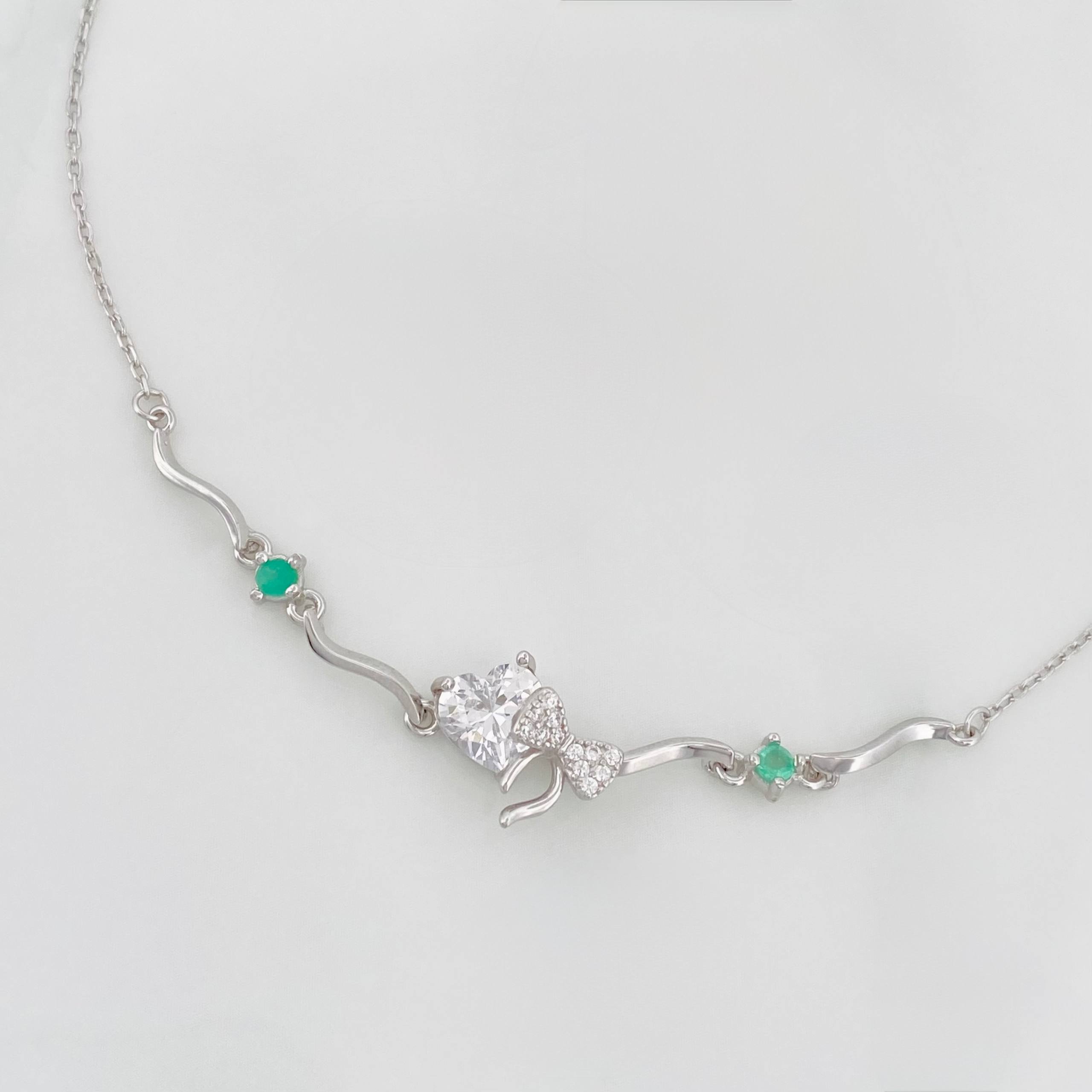 Bracelet Heart Bow Emerald 2.95 g / 8 3/4 in / 1 mm Rhodium-Plated Silver 925