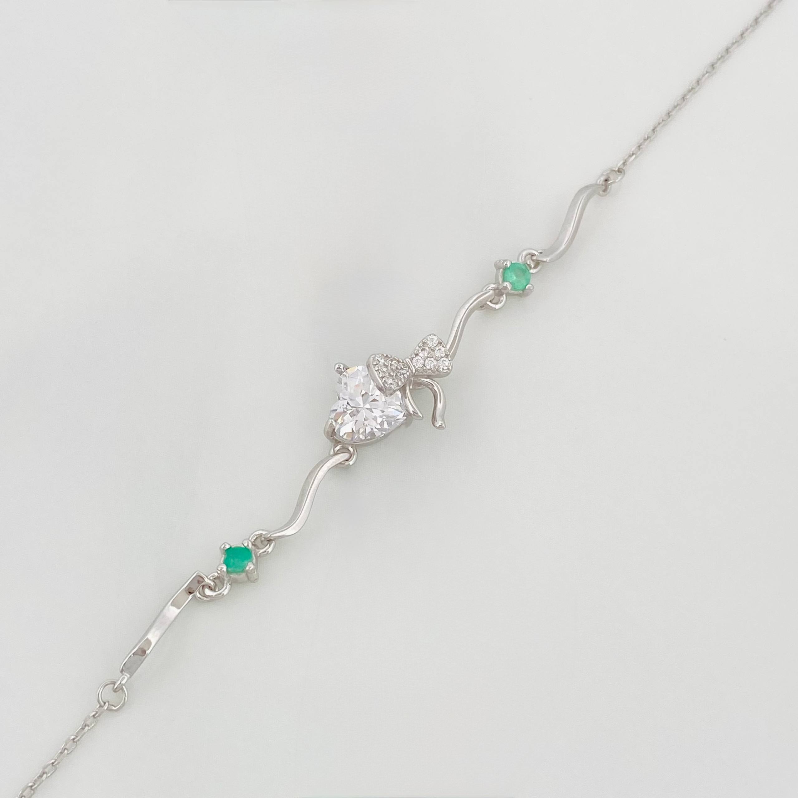 Pulso Corazón Moño Esmeralda 2.95 g / 8 3/4 in / 1 mm Plata Rodinada 925