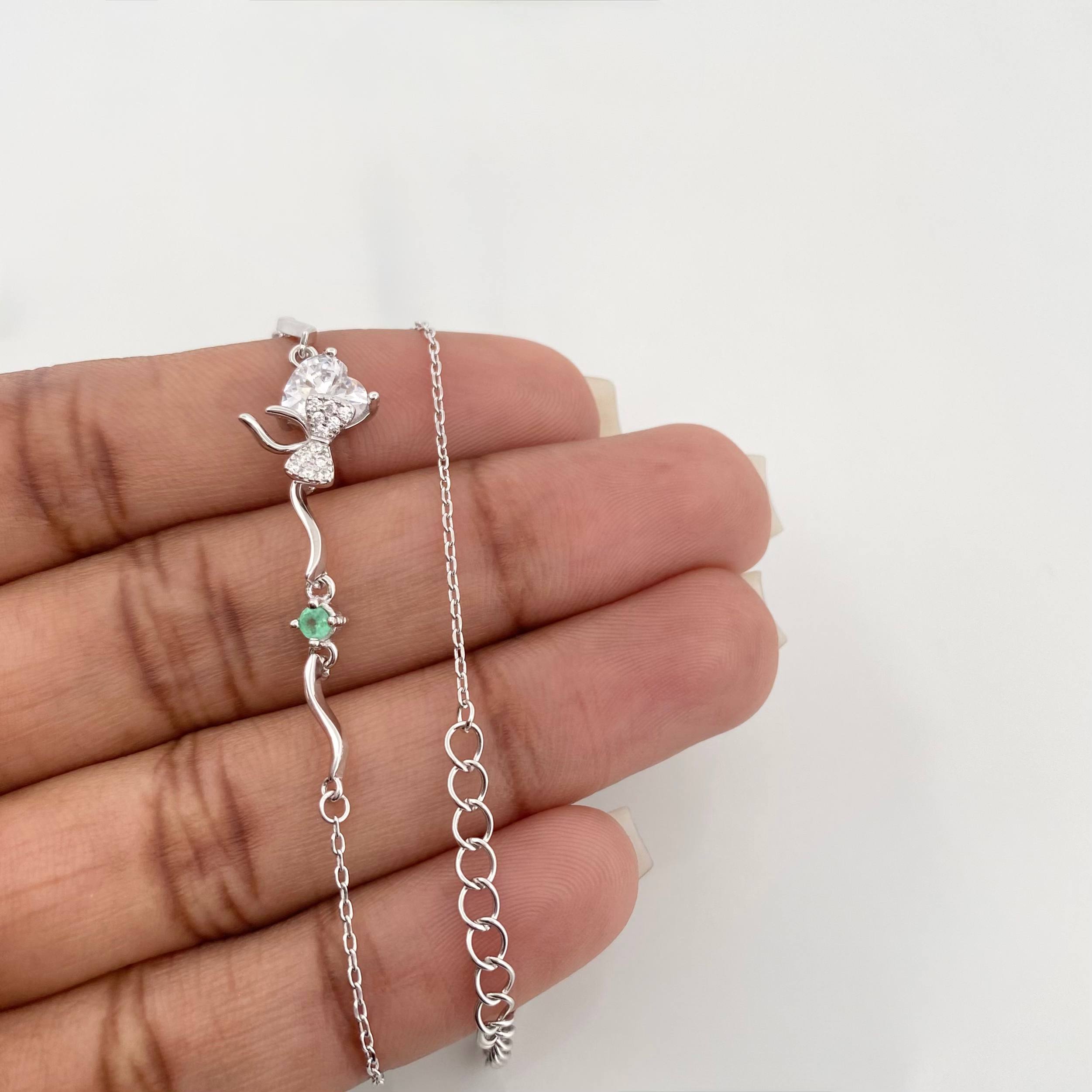 Bracelet Heart Bow Emerald 2.95 g / 8 3/4 in / 1 mm Rhodium-Plated Silver 925
