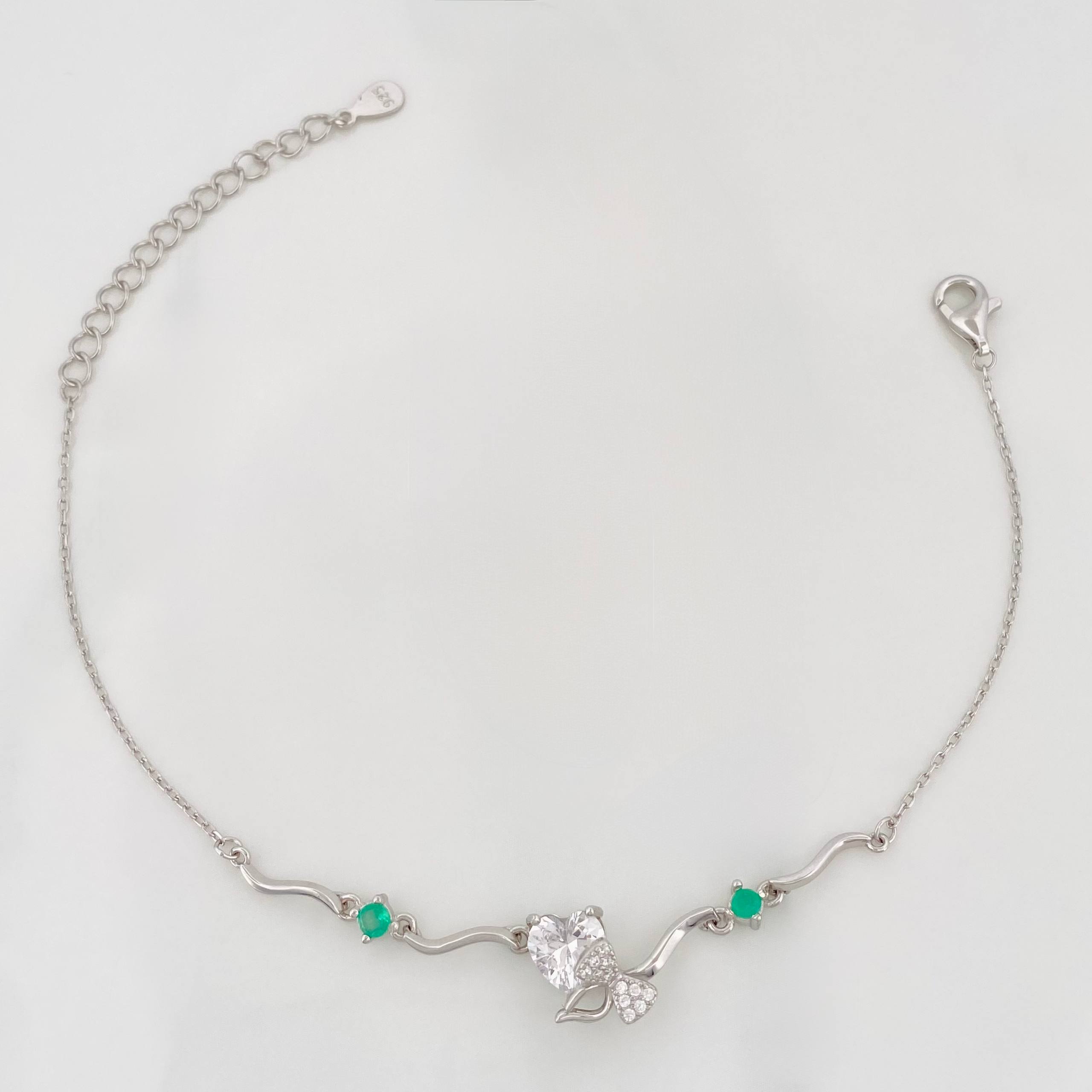 Pulso Corazon Moño Esmeralda 3 g / 8 3/4 in / 1 mm Plata Rodinada 925