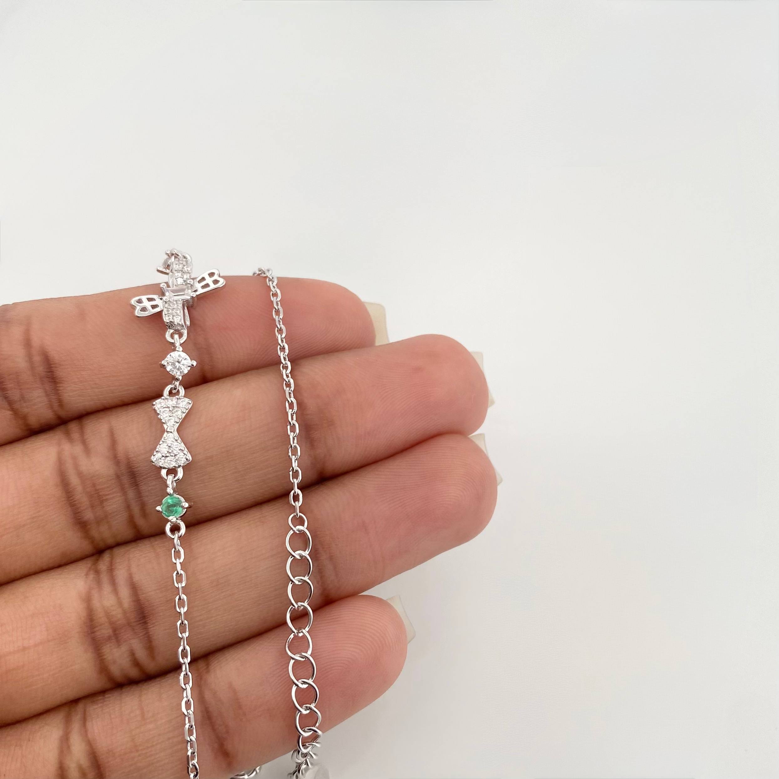 Bracelet Bows Emerald 2.8 g / 8 3/4 in / 1 mm Rhodium-Plated Silver 925