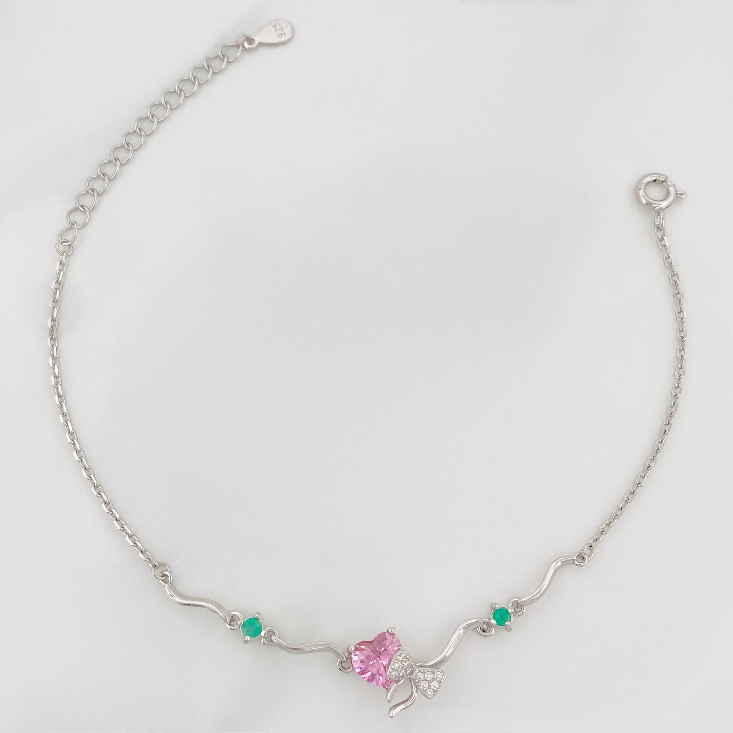 Pulso Corazon Moño Esmeralda 3.1 g / 8 3/4 in / 1 mm Plata Rodinada 925