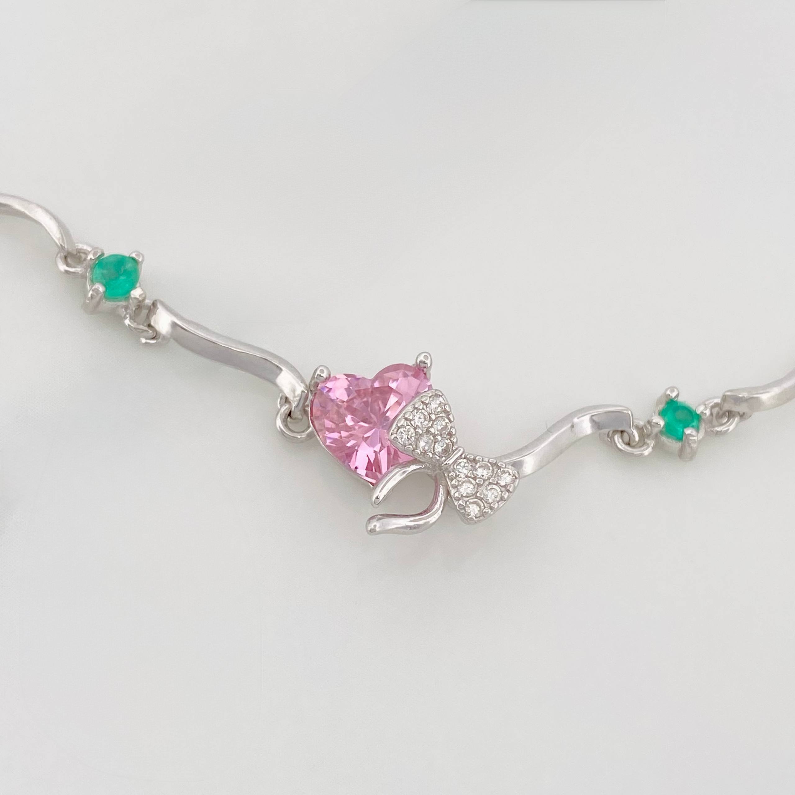 Pulso Corazon Moño Esmeralda 3.1 g / 8 3/4 in / 1 mm Plata Rodinada 925