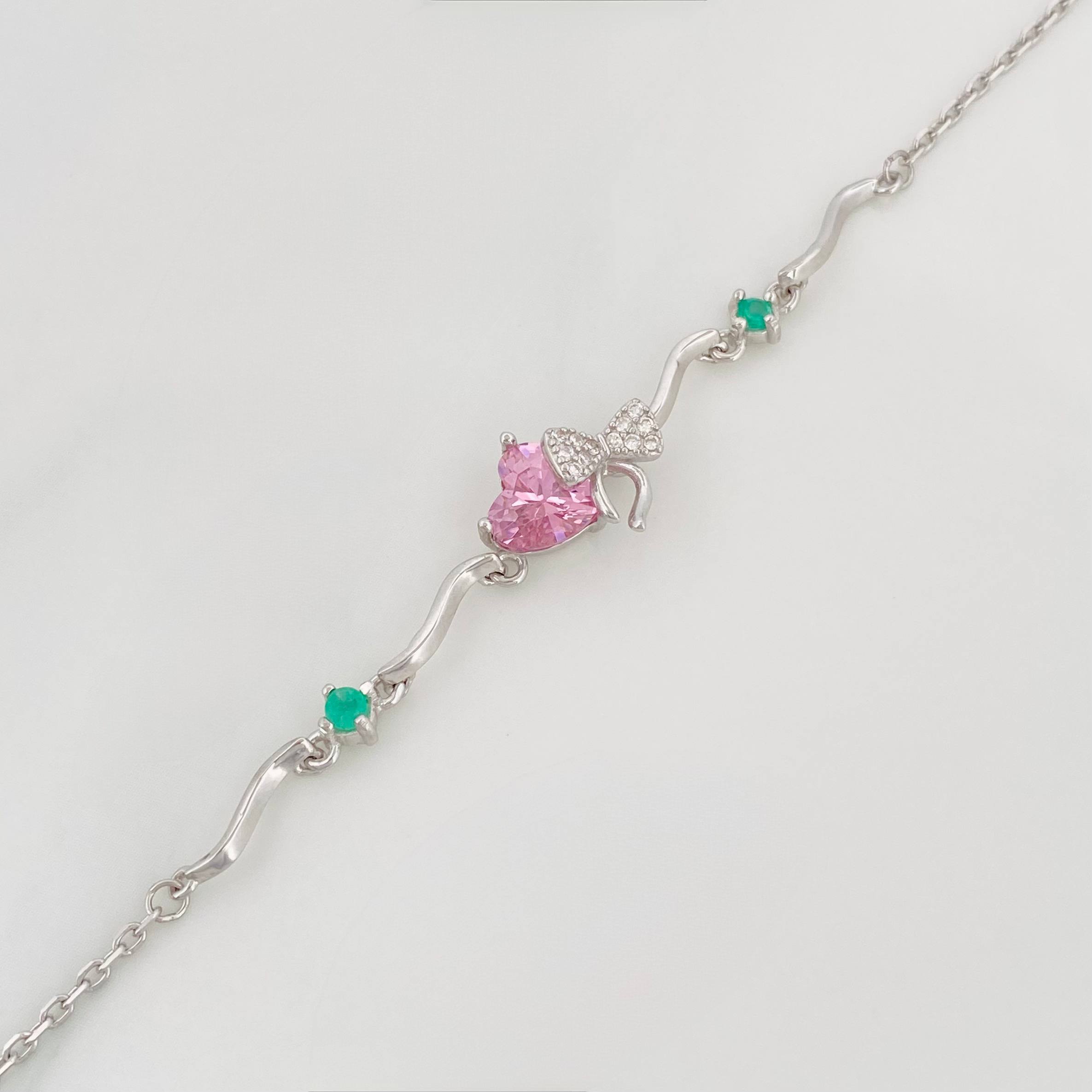 Pulso Corazon Moño Esmeralda 3.1 g / 8 3/4 in / 1 mm Plata Rodinada 925