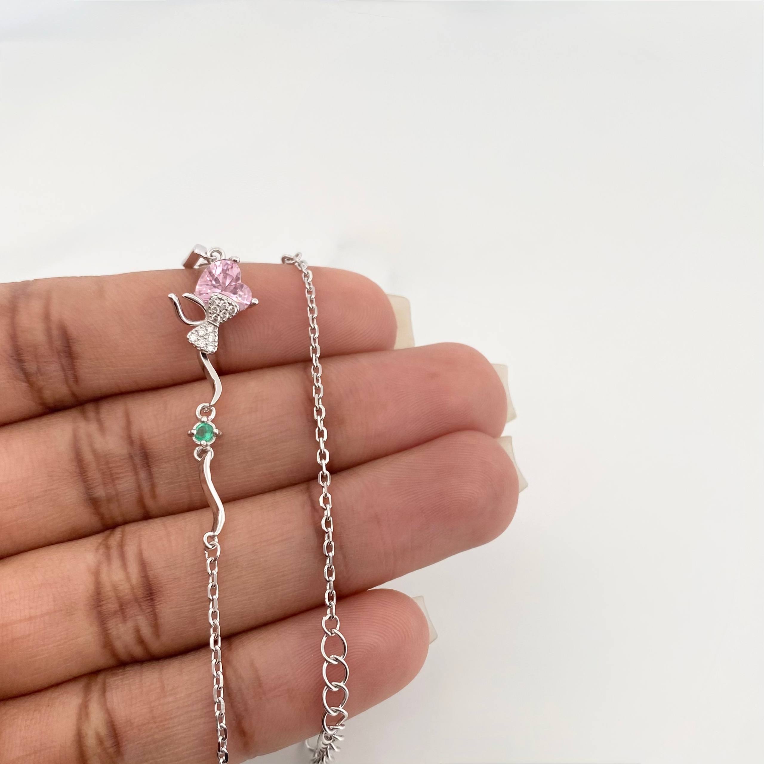 Pulso Corazon Moño Esmeralda 3.1 g / 8 3/4 in / 1 mm Plata Rodinada 925