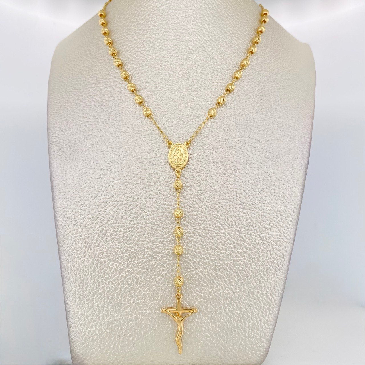 Cadena Rosario Virgen Maria Cruz Cristo 10.35g / 24 in / 4mm Oro Amarillo 18K