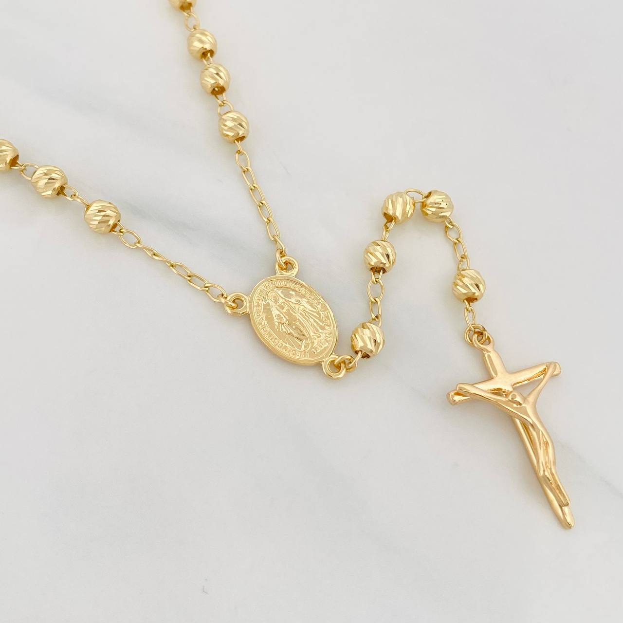 Cadena Rosario Virgen Maria Cruz Cristo 10.35g / 24 in / 4mm Oro Amarillo 18K