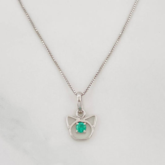 Set Cadena Veneciana + Dije Gato Esmeralda 6pts / 1.4g / 18 in Oro Blanco 18K