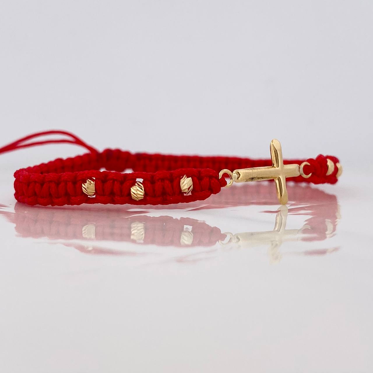 Pulsera Tejida Roja Cruz Oro Amarillo 18K
