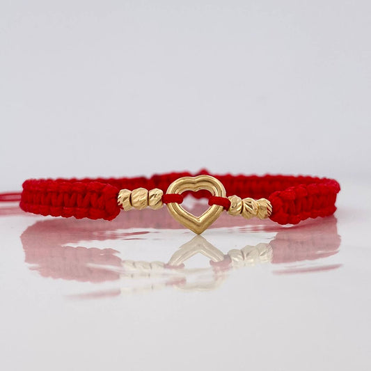 Pulsera Tejida Roja Corazón Bolas Diamantadas Oro Amarillo 18K