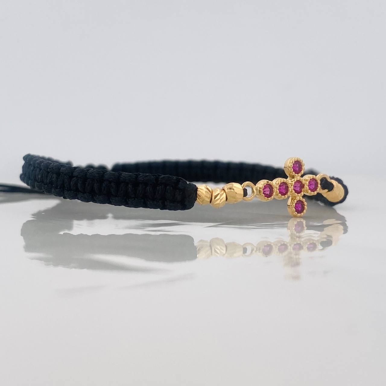 Pulsera Tejida Negra Cruz Tupida Oro Amarillo 18K