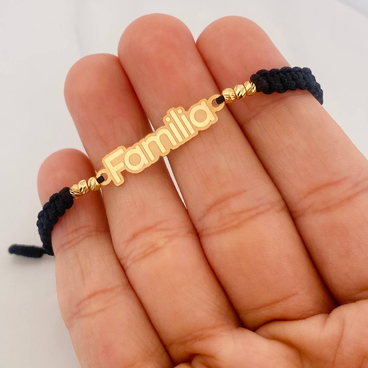 Black Woven Bracelet Charm Family Yellow Gold 18K