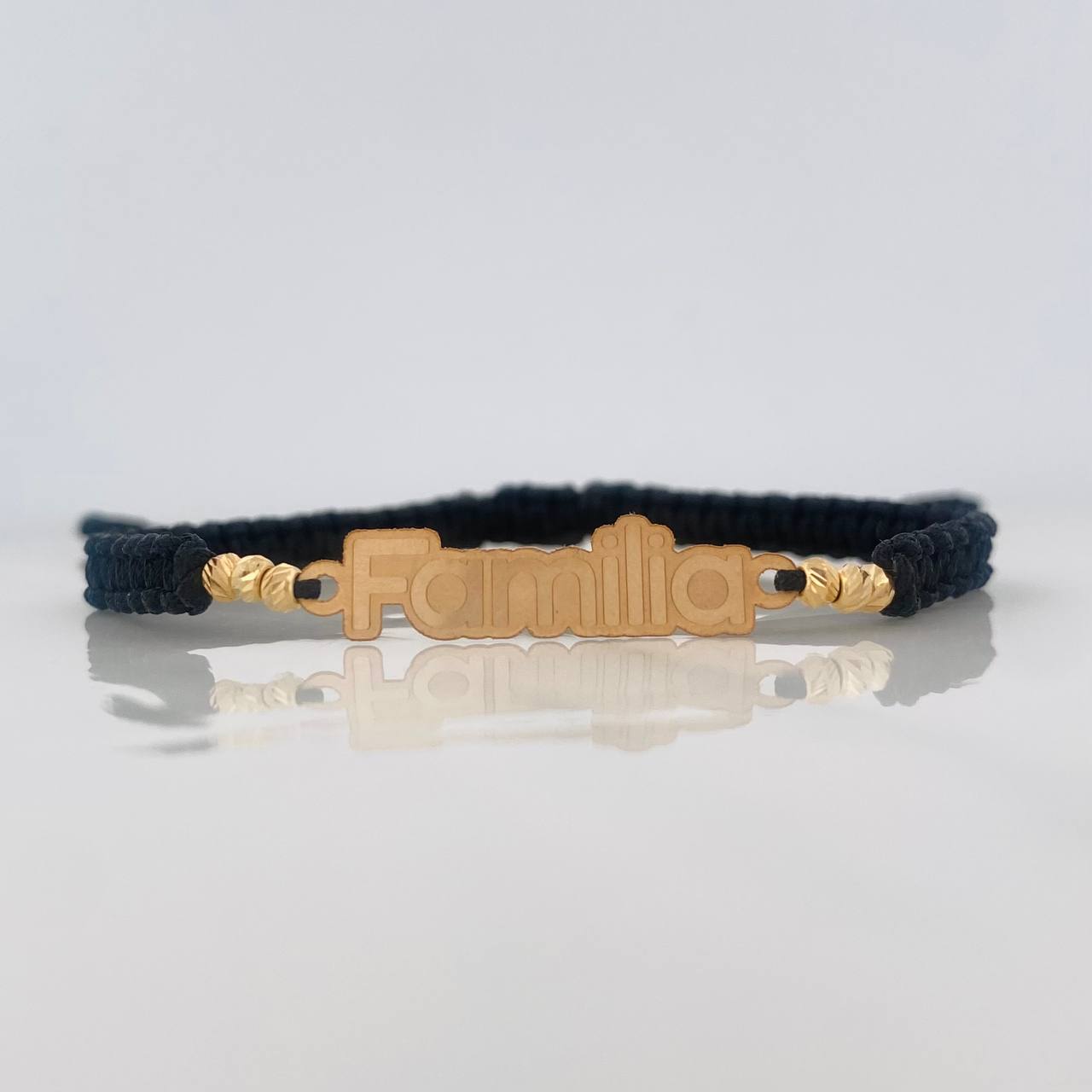 Black Woven Bracelet Charm Family Yellow Gold 18K