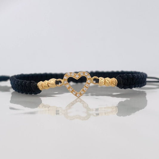 Pulsera Tejida Negra Corazon Oro Amarillo 18K