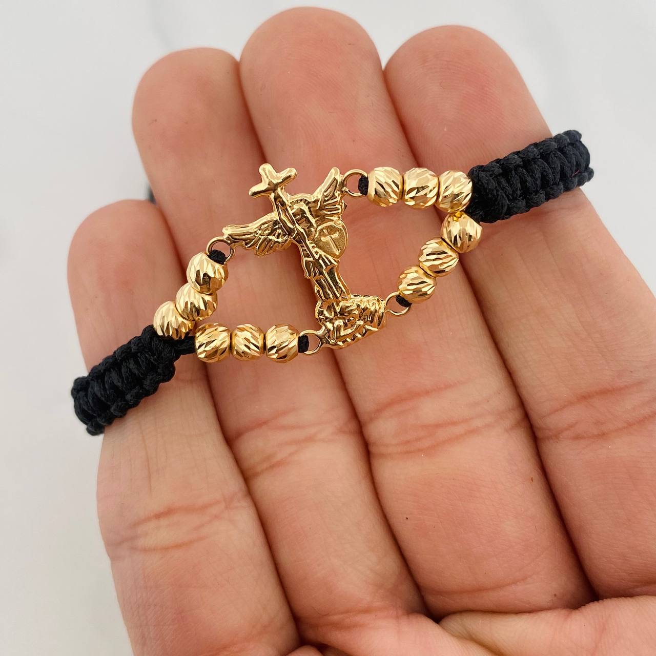Black Woven Bracelet Saint Michael Archangel Yellow Gold 18K