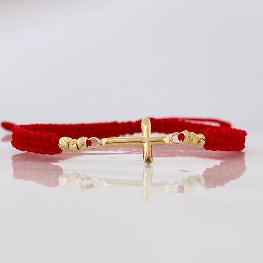 Pulsera Tejida Roja Cruz Bolas Diamantadas Oro Amarillo 18K