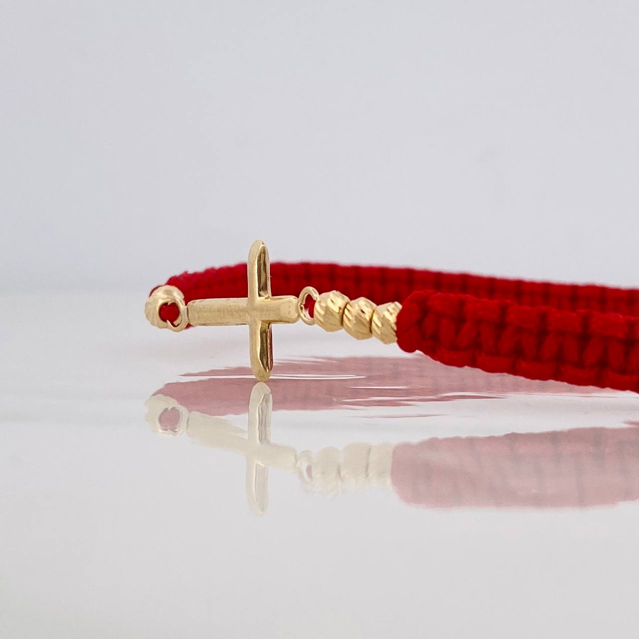 Red Woven Bracelet Cross Diamond Cut Beads Yellow Gold 18K