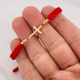 Red Woven Bracelet Cross Diamond Cut Beads Yellow Gold 18K